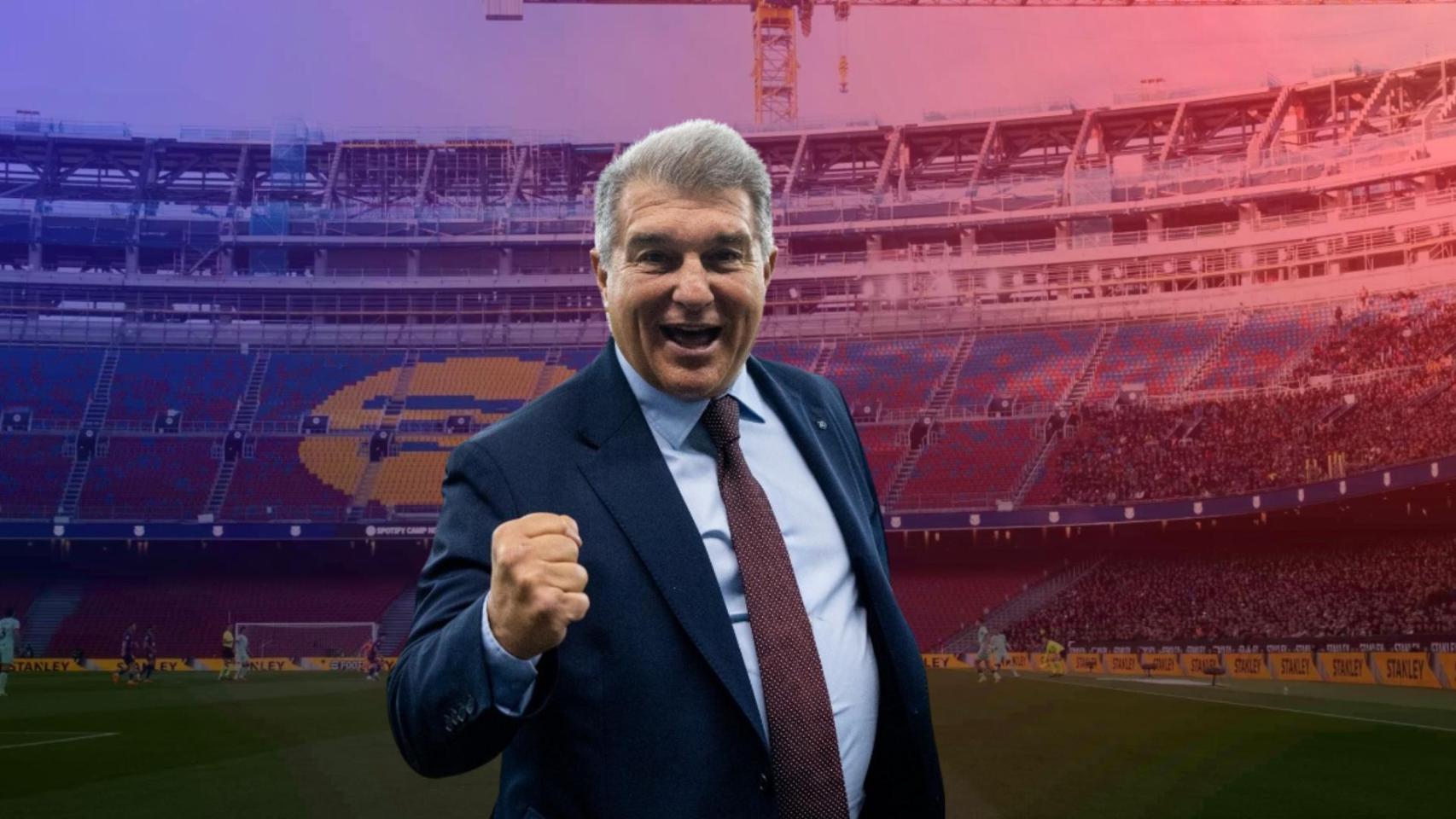 El presidente del Barça, Joan Laporta, en un fotomontaje con el nuevo Camp Nou de fondo