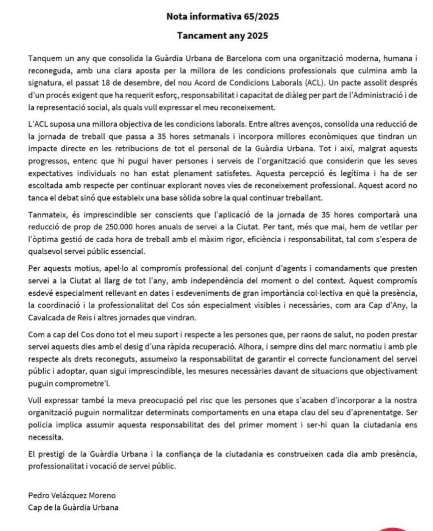 La carta de Pedro Velázquez a la plantilla de la GUB