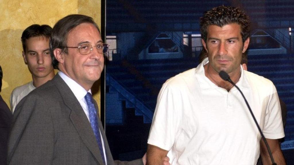 Florentino Pérez i Luis Figo, el dia de la presentació del jugador amb el Reial Madrid