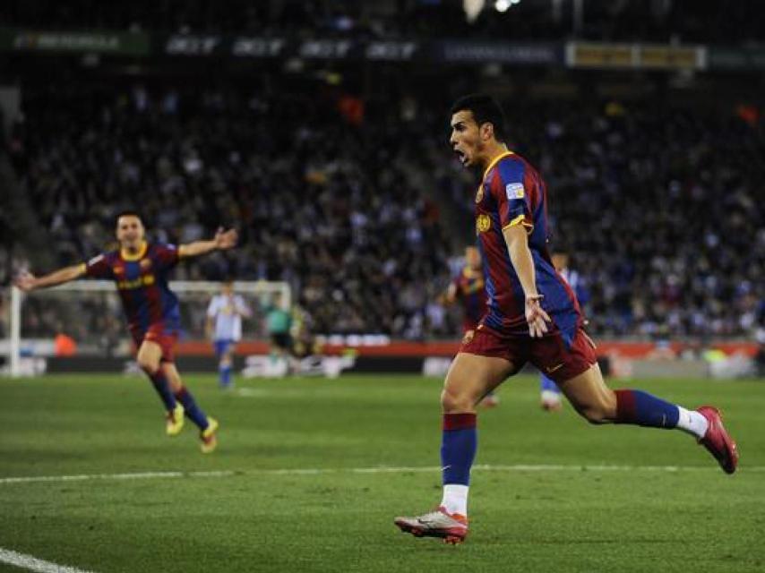 Pedro celebra un gol a l'Espanyol