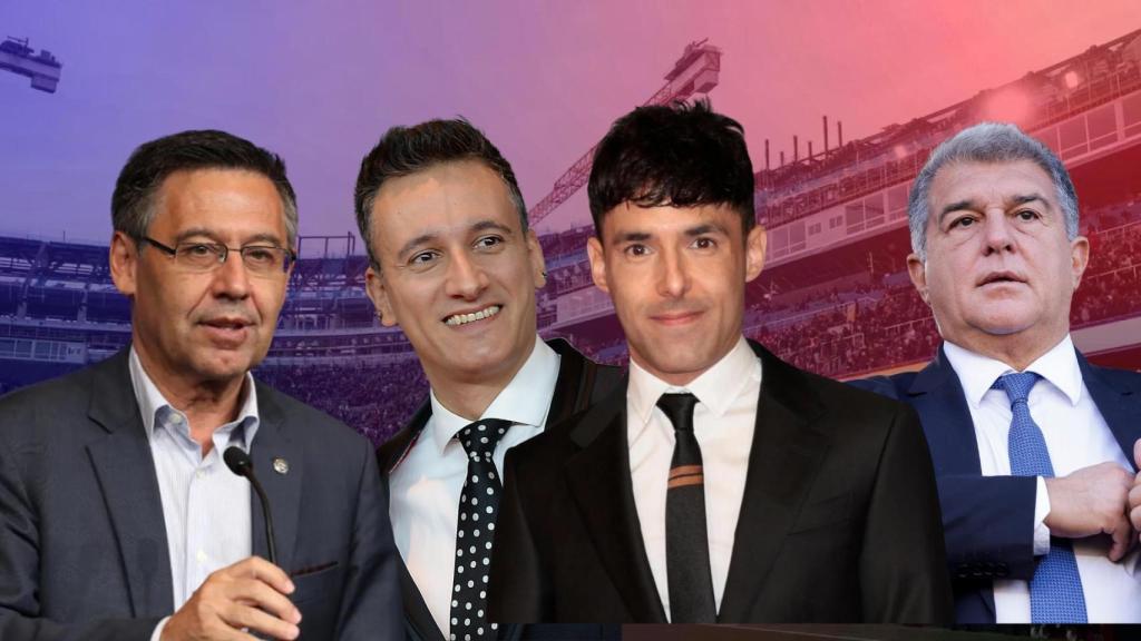 Josep Maria Bartomeu, Mag Lari, Mago Pop y Joan Laporta, en un fotomontaje con el nuevo Camp Nou de fondo