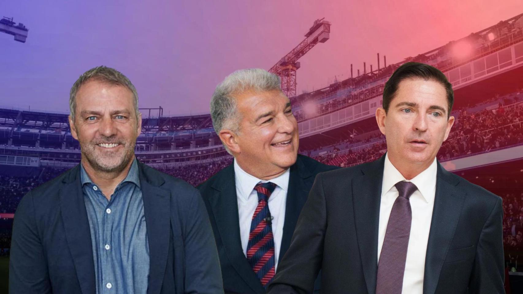 Hansi Flick y Xavi Pascual, en un montaje con Joan Laporta y el nuevo Camp Nou de fondo