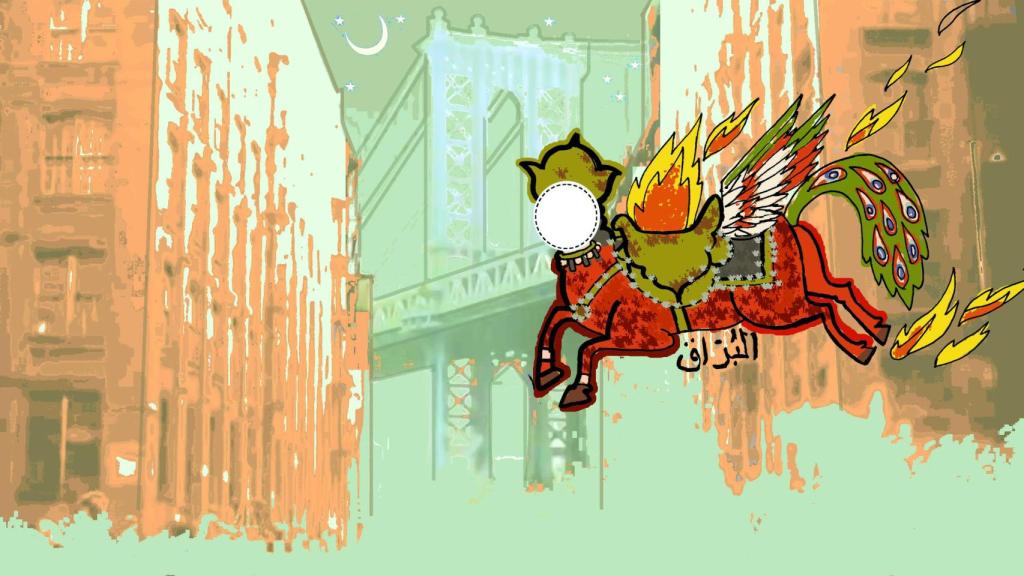 Buraq, el caballo alado con cara humana que trasladó al profeta Mahoma de la Tierra al Cielo y de regreso durante el Isra y el Mi'raj, en Manhattan