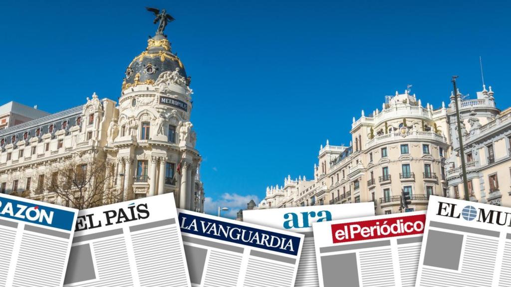 Un montaje de periódicos con una imagen de Madrid de fondo