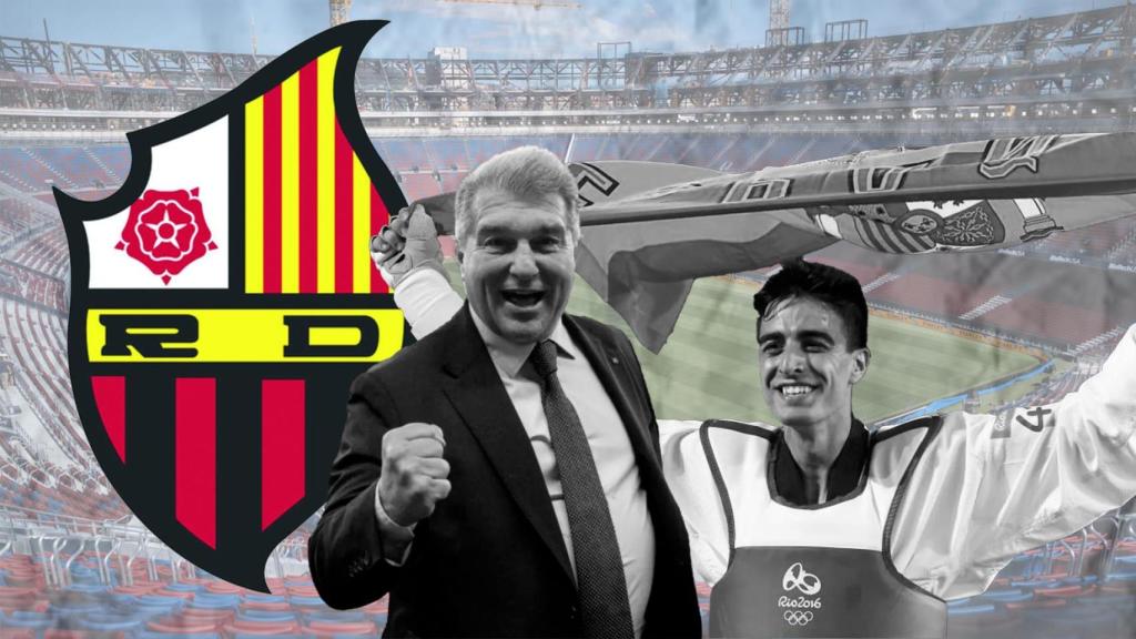 Laporta y Joel González en un fotomontaje con el Camp Nou y el escudo del Reus