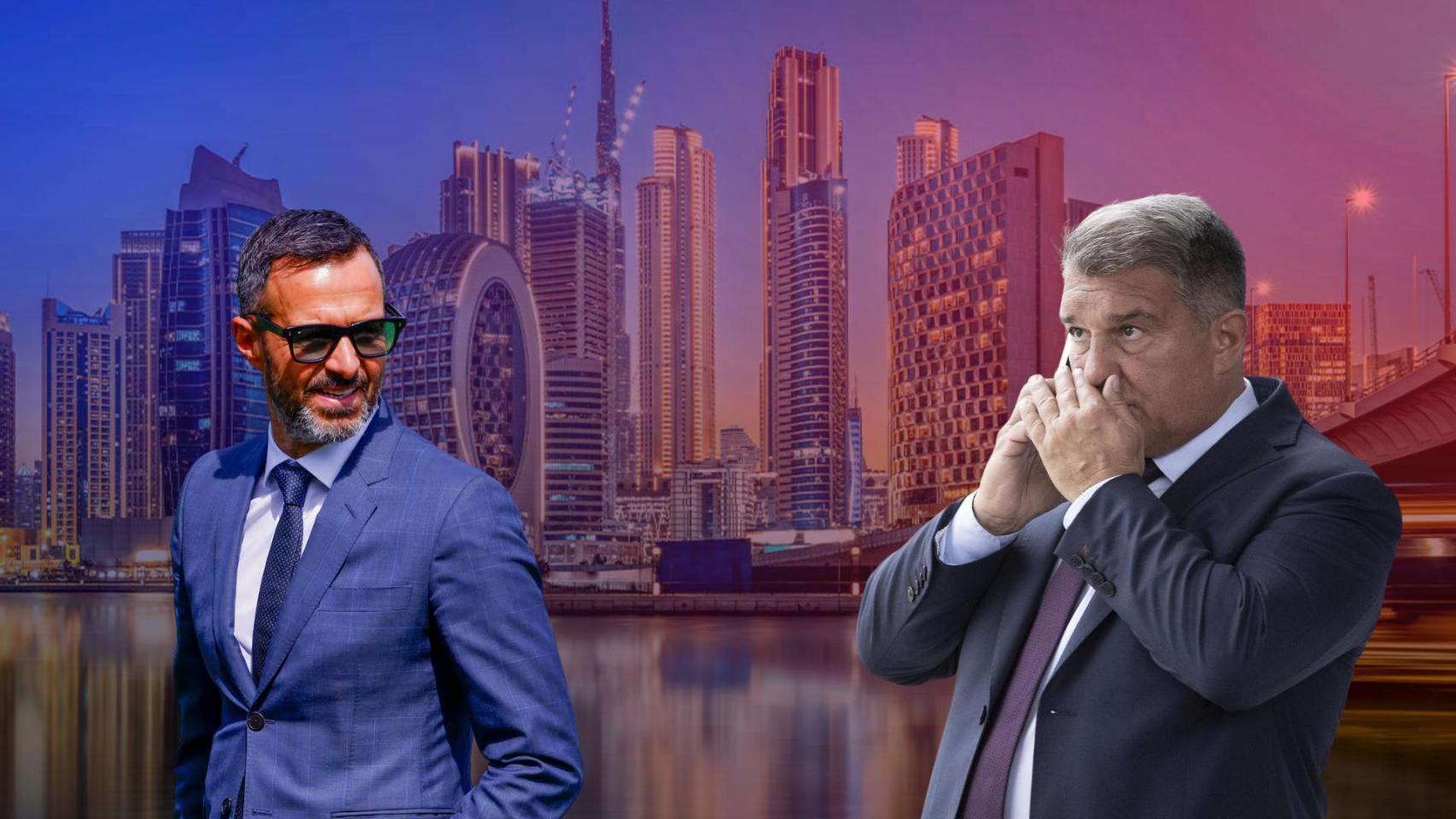 Jorge Mendes y Joan Laporta, en un montaje con Dubai de fondo