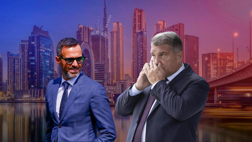 Jorge Mendes y Joan Laporta, en un fotomontaje con Dubai de fondo