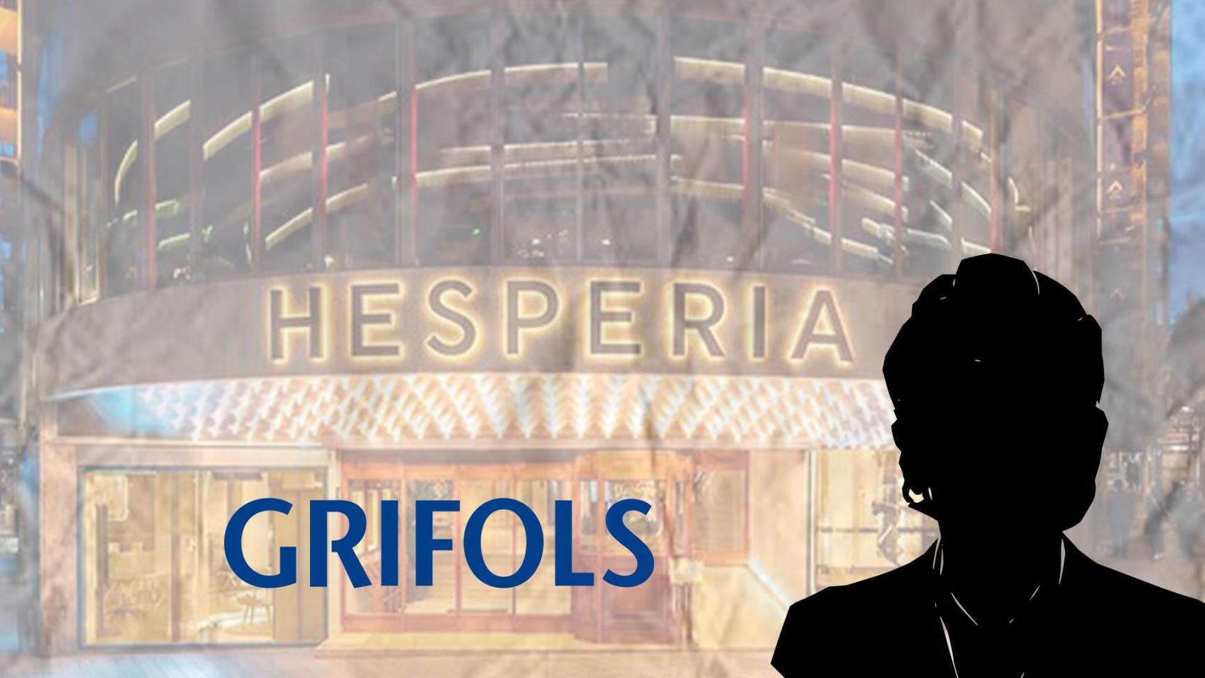 El hotel Hesperia Presidente con el logo de Grifols y la silueta de una anciana