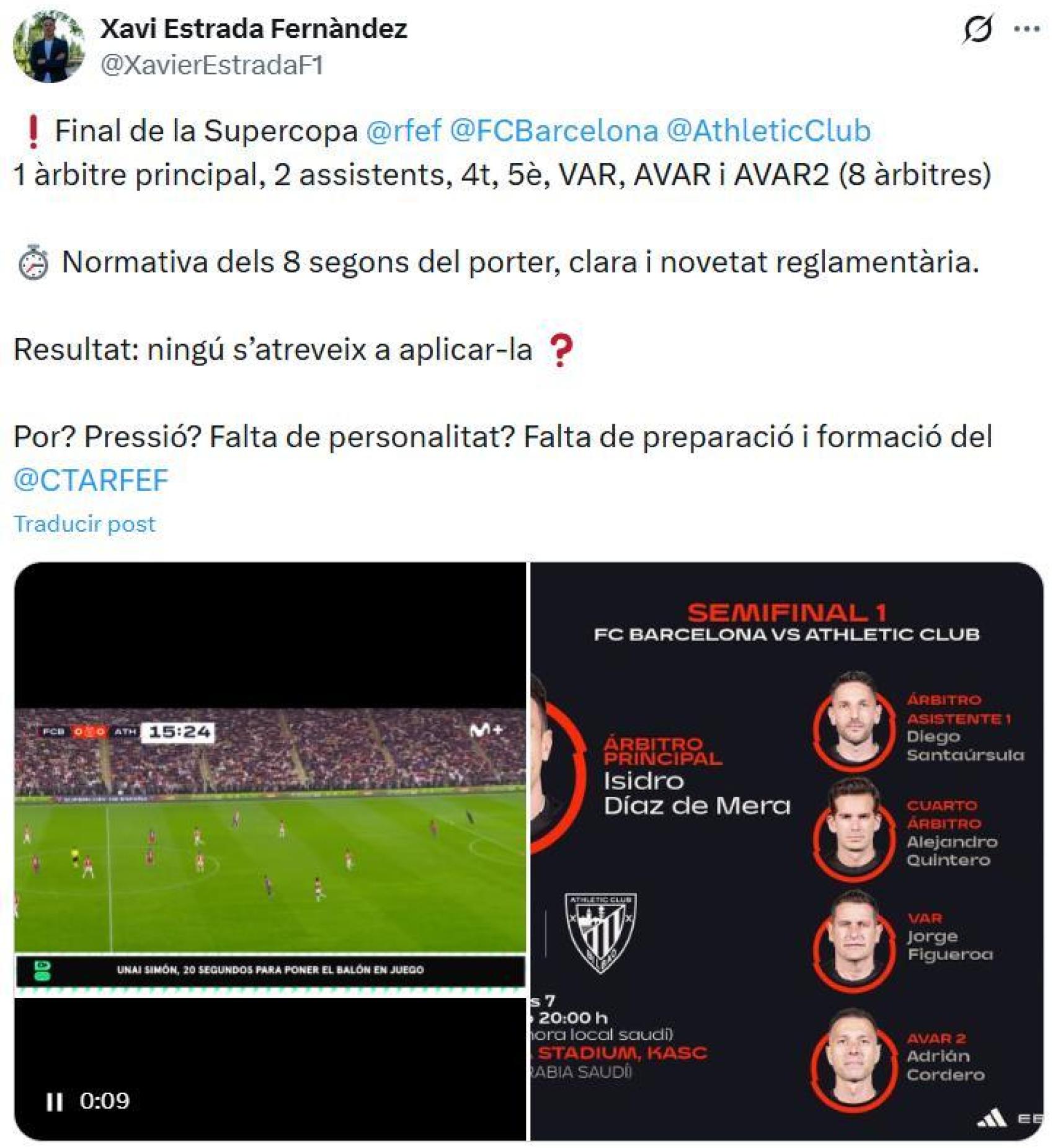 L'àrbitre Xavi Estrada Fernández denuncia l'omissió de la norma dels 8 segons que hauria afavorit el Barça a la Supercopa