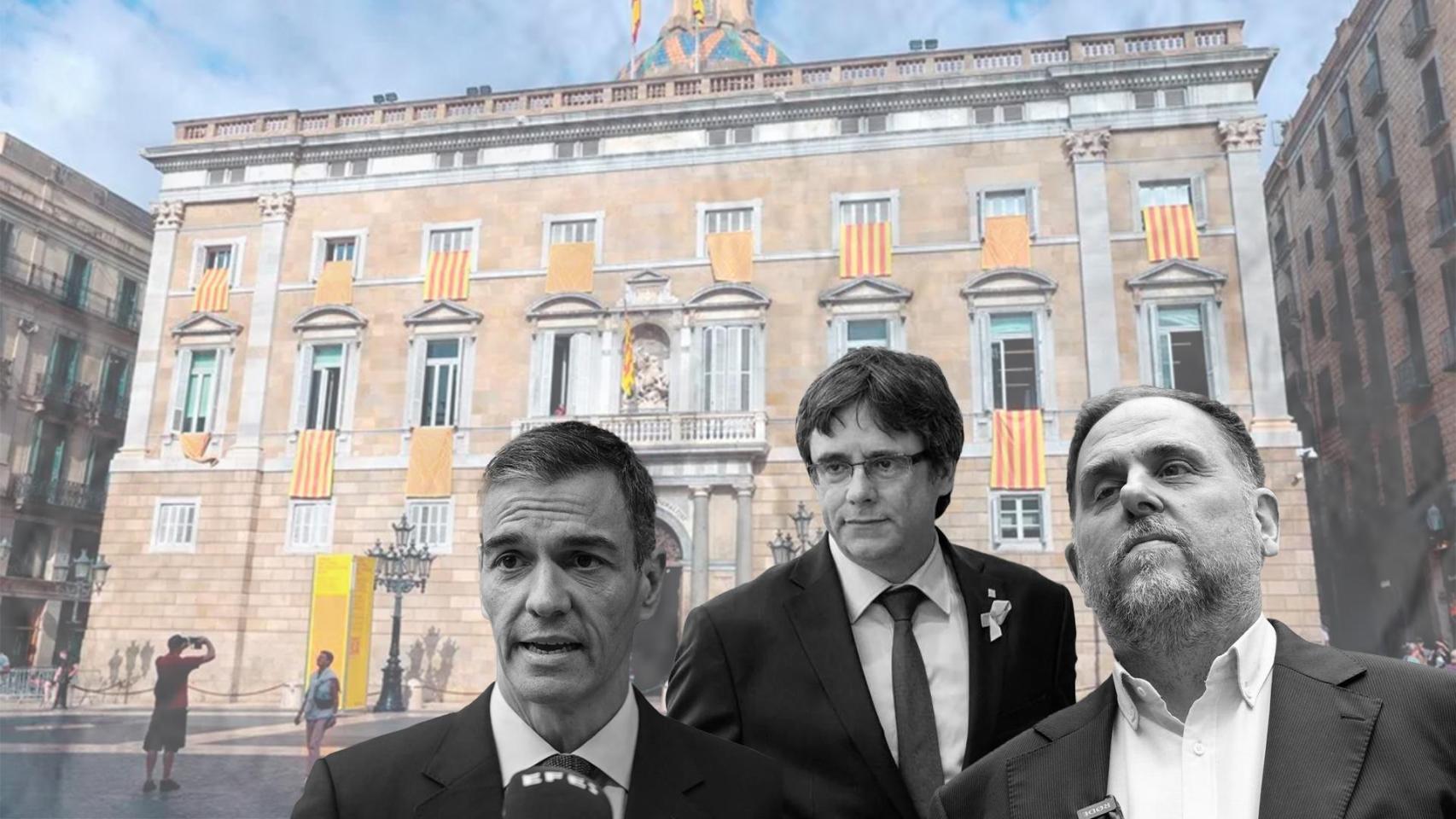 Montaje con Pedro Sánchez, presidente del Gobierno, Carles Puigdemont, líder de Junts, y Oriol Junqueras, de ERC, frente a la Generalitat, que contaría con 4.700 millones de euros adicionales con el nuevo modelo de financiación