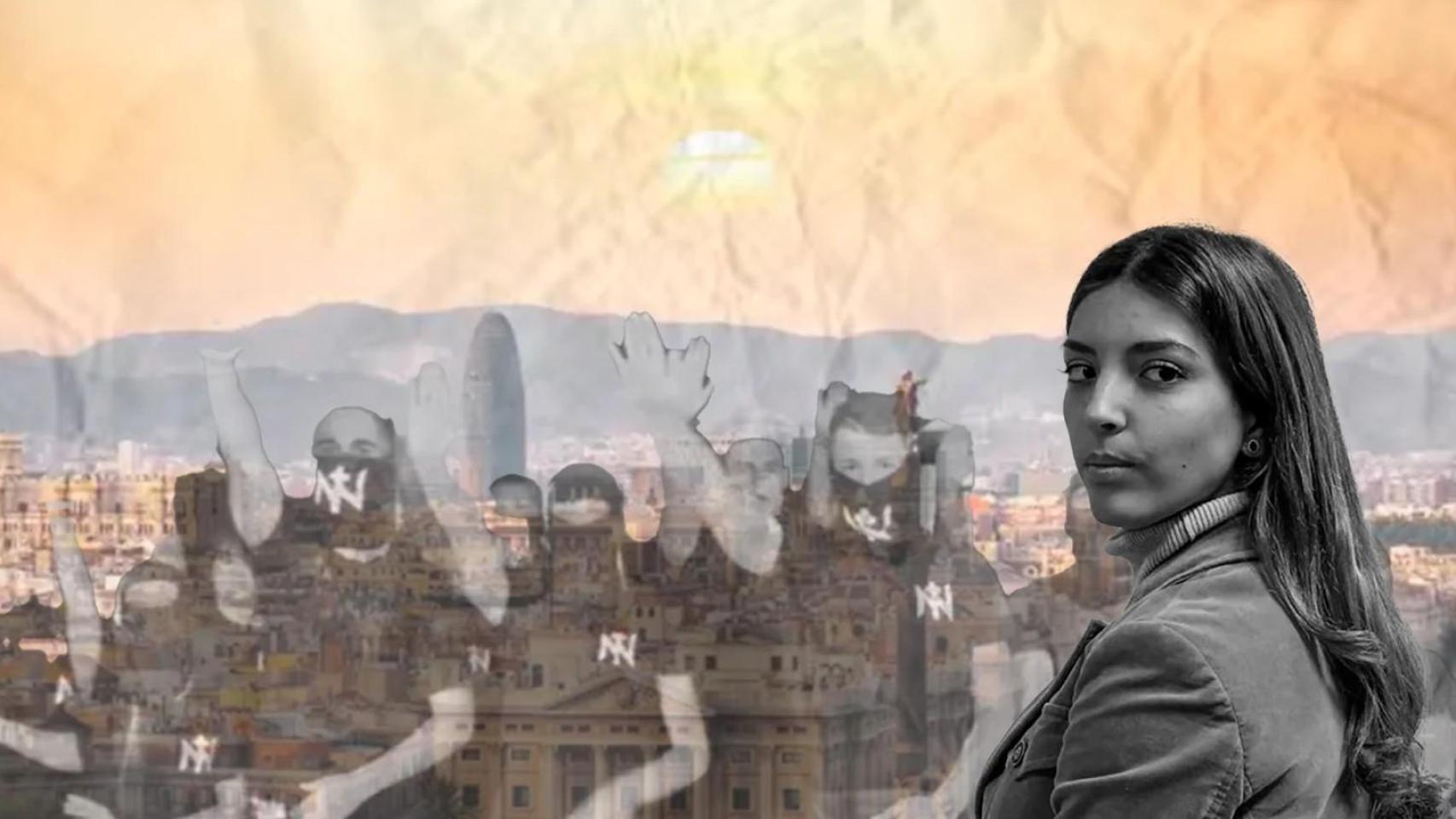 Montaje de la activista neonazi Isabel Peralta, el grupo Núcleo Nacional y una fotografía de La Rambla de Barcelona