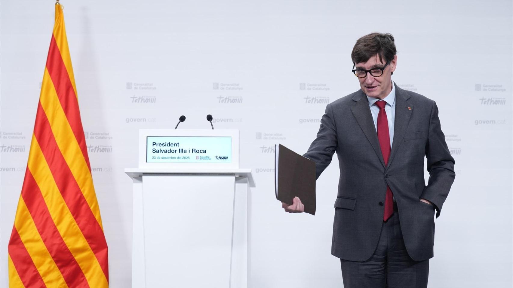El presidente de la Generalitat de Catalunya, Salvador Illa, durante una rueda de prensa