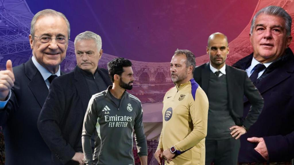 Florentino Pérez, José Mourinho, Álvaro Arbeloa, Hansi Flick, Pep Guardiola y Joan Laporta en un montaje con el estadio de Yeda de fondo
