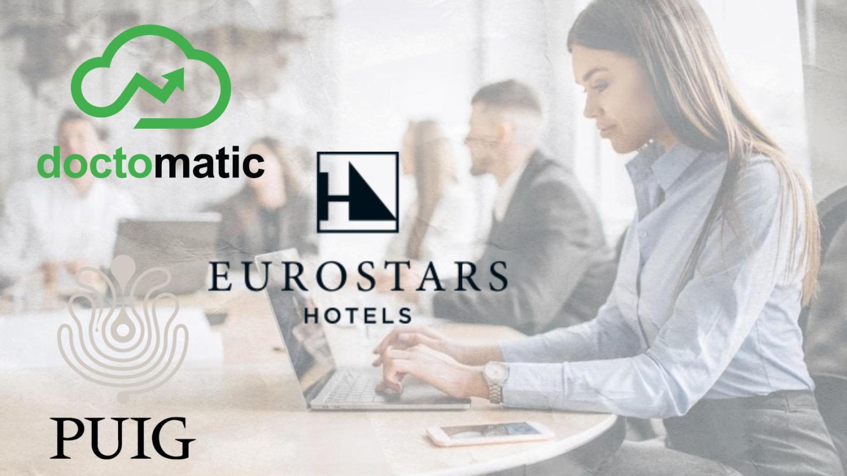 Un montaje de los logos de Puig, Eurostars Hotels y Doctomatic con una mujer trabajando de fondo