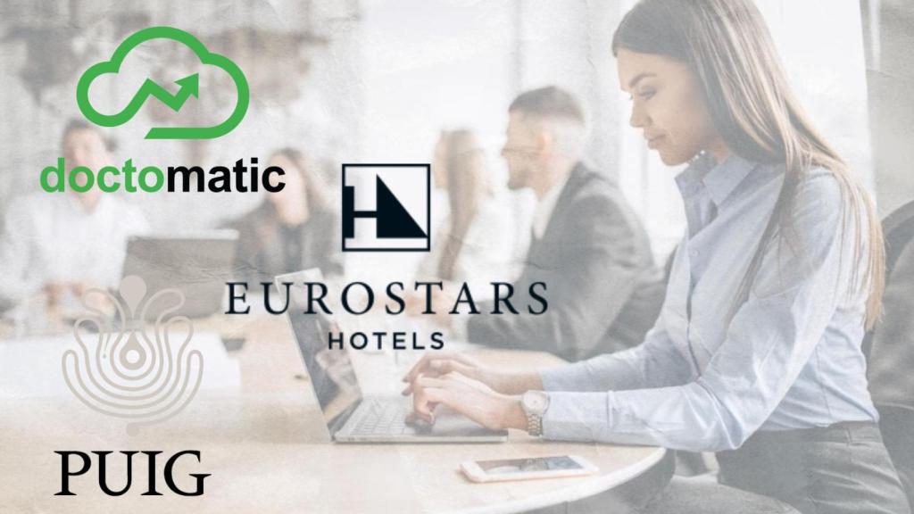 Un montaje de los logos de Puig, Eurostars Hotels y Doctomatic con una mujer trabajando de fondo