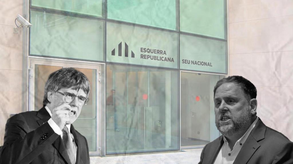 Montaje de Carles Puigdemont y Oriol Junqueras, frente a la sede de ERC, en la calle Calàbria de Barcelona