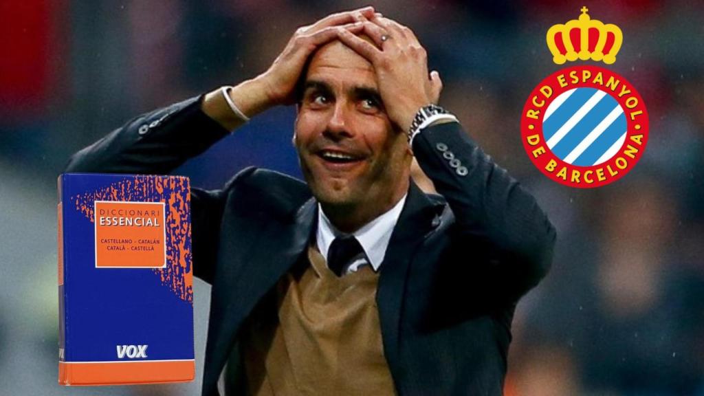 Pep Guardiola se echa las manos a la cabeza de forma irónica, con el escudo del RCD Espanyol a la derecha y un diccionario de catalán a la izquierda