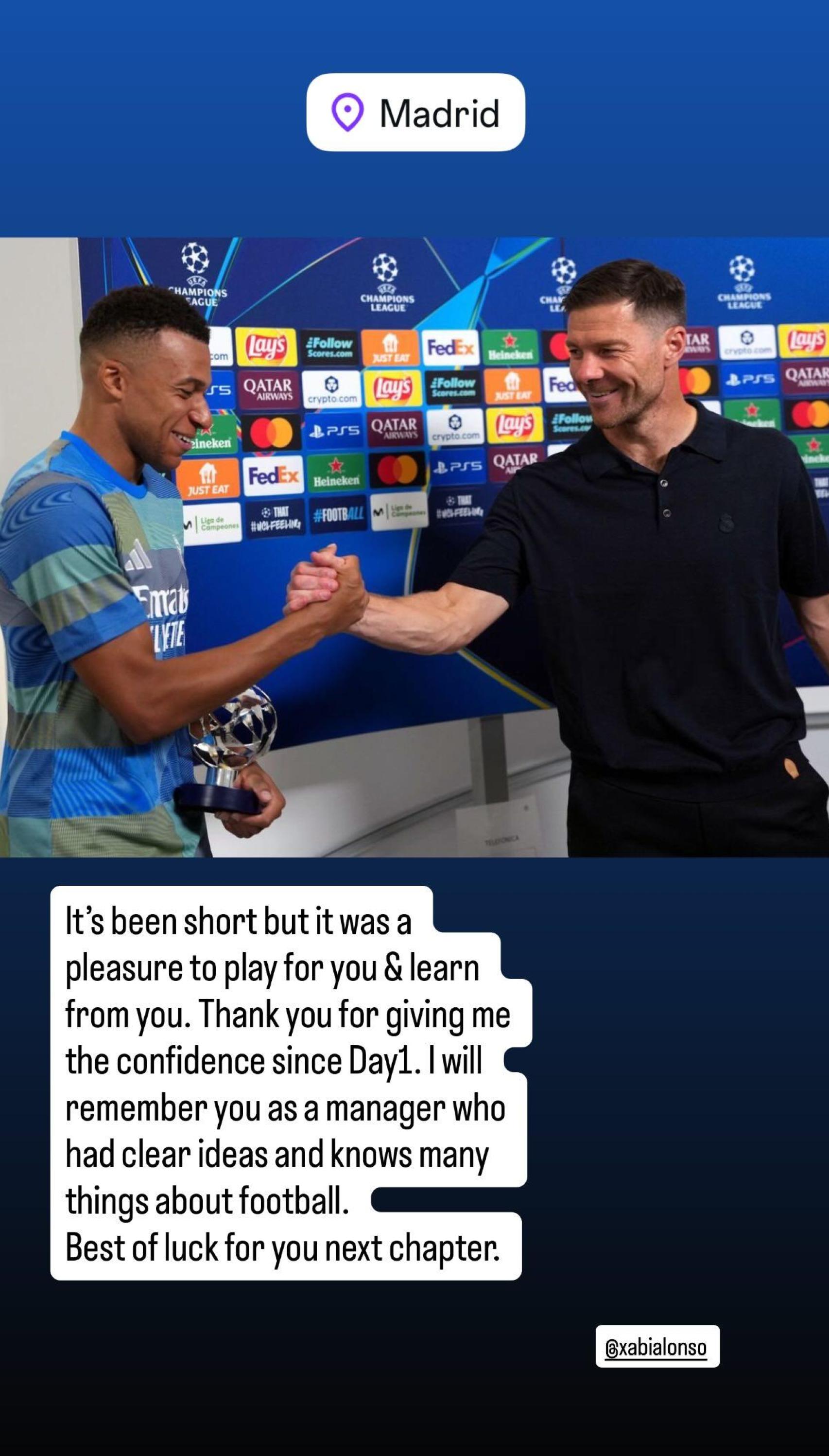 Kylian Mbappé manda un mensaje de despedida a Xabi Alonso