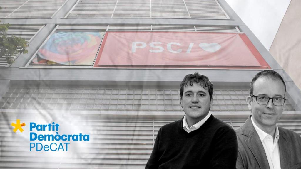 Fotomontaje de David Bonvehí y Marc Solsona frente a la sede del PSC