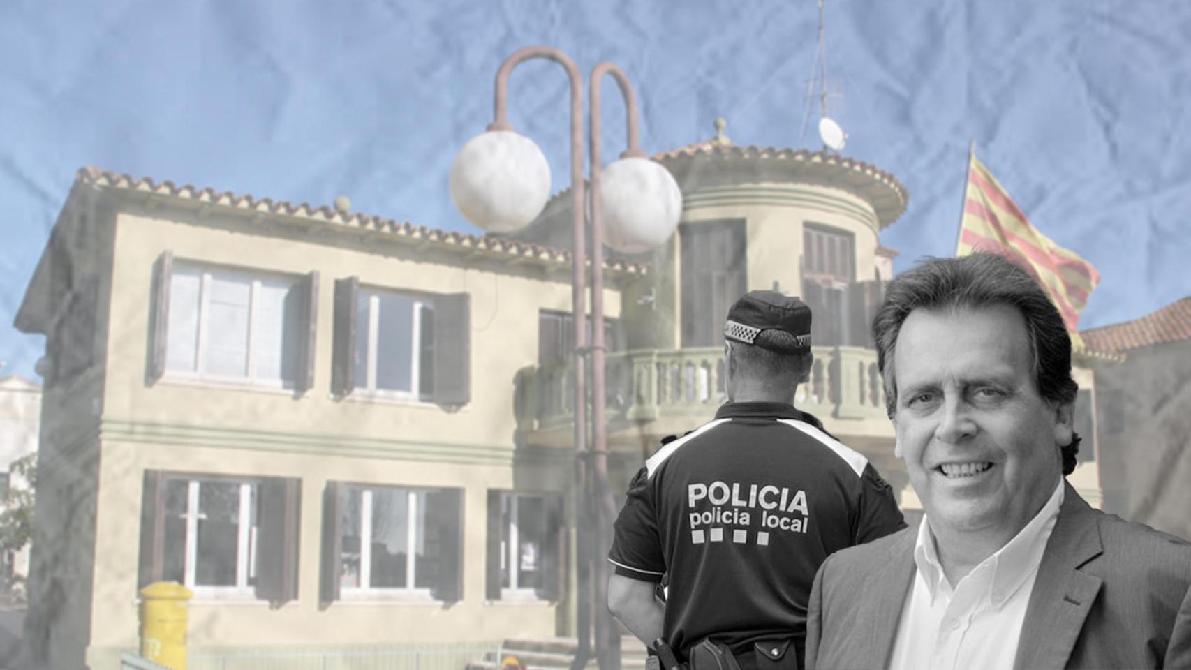 Joan Campolier, alcalde de Santa Susanna, con un agente de Policía Local y el consistorio en el fondo