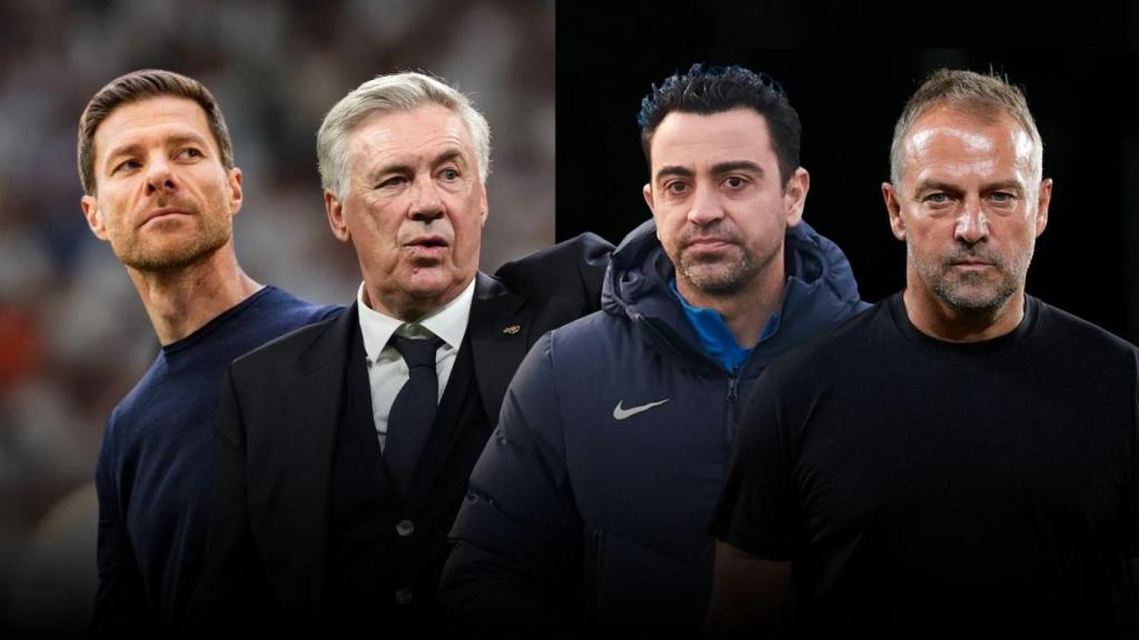 Xabi Alonso, Carlo Ancelotti, Xavi Hernández y Hansi Flick en un montaje