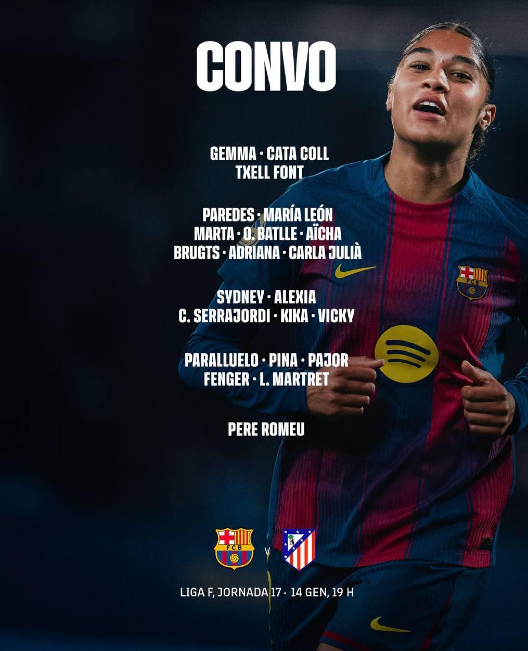 La convocatoria del Barça Femenino para el partido contra el Atlético de Madrid