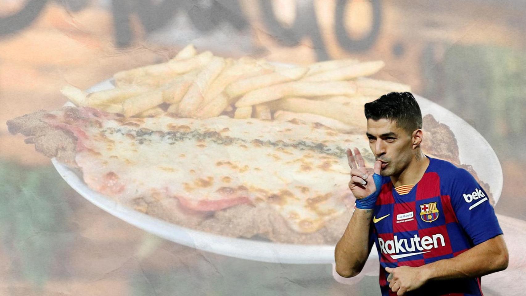 Un montaje de Luis Suárez celebrando un gol con el FC Barcelona y una milanesa de fondo