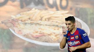 Un montaje de Luis Suárez celebrando un gol con el FC Barcelona y una milanesa de fondo