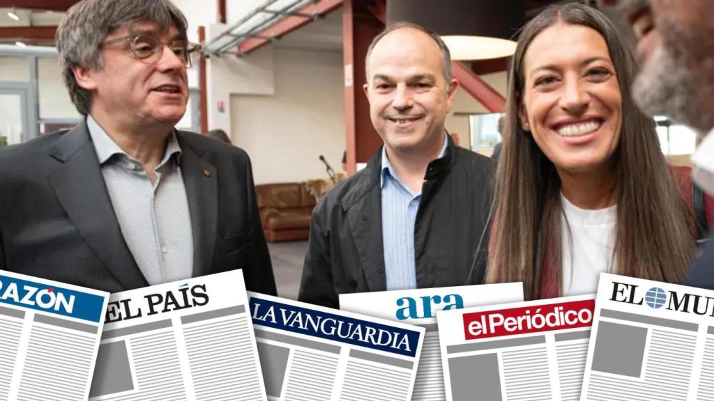 Montaje con el líder de Junts, Carles Puigdemont, el secretario general, Jordi Turull, y la portavoz del partidos, Míriam Nogueras