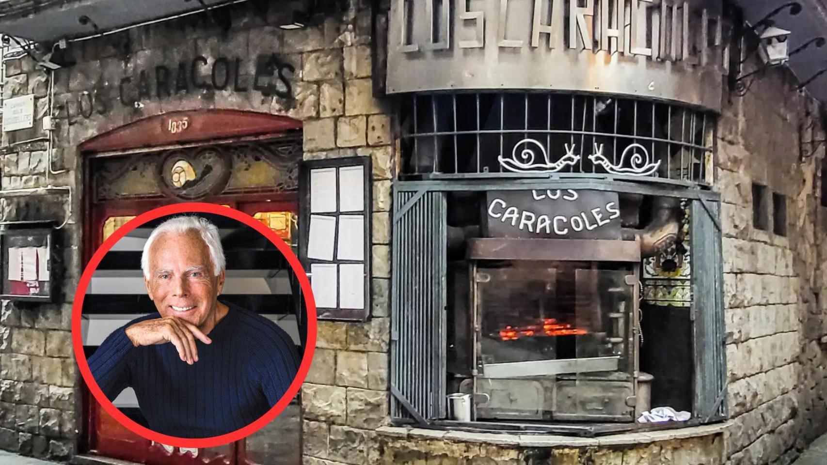 Fachada del restaurante Los Caracoles y Giorgio Armani