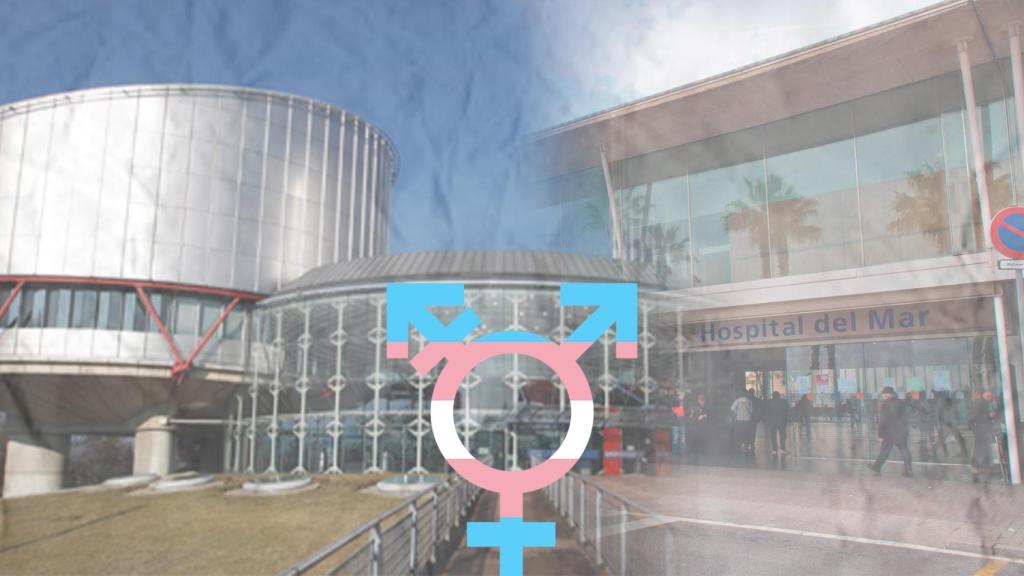 A la derecha una imagen del TEDH y a la izquierda el Hospital del Mar donde sucedieron los hechos. En el centro el símbolo del colectivo transexual.