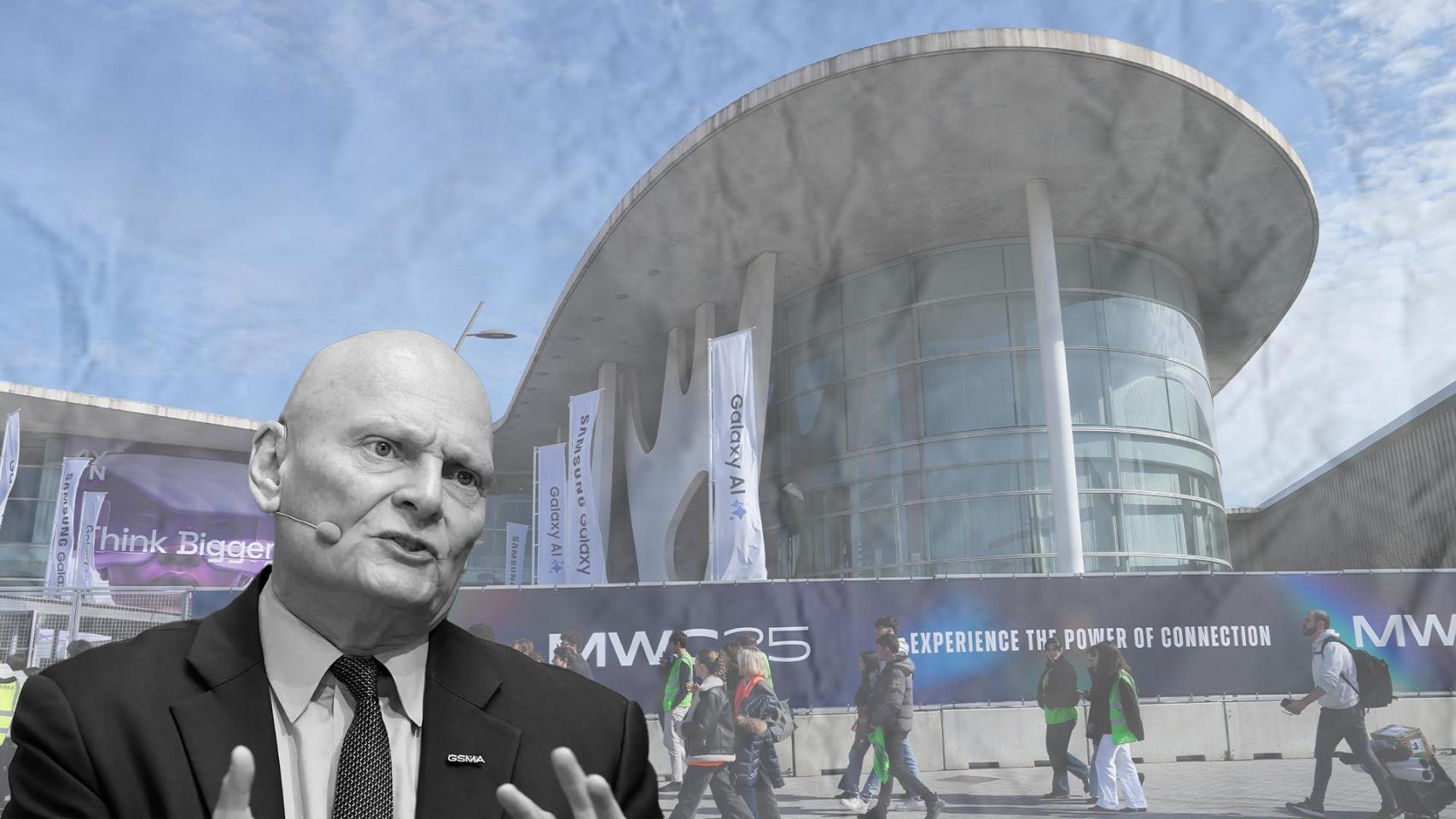 John Hoffman, CEO y director de la GSMA con con el MWC de fondo
