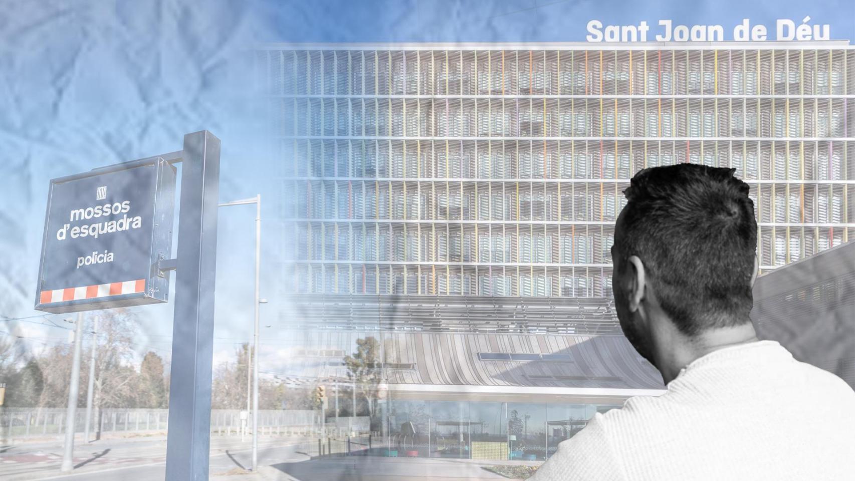 Montaje con una imagen de David García de espaldas, un letrero de Mossos y la facha del Hospital Sant Joan de Déu