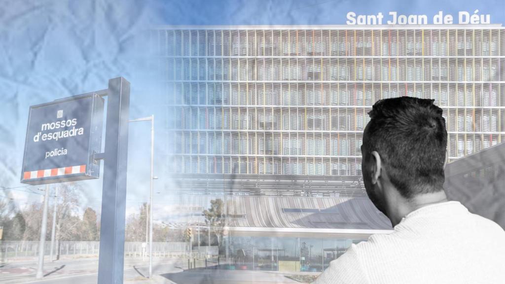 Montaje con una imagen de David García de espaldas, un letrero de Mossos y la facha del Hospital Sant Joan de Déu