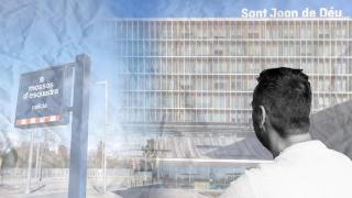 Montaje con una imagen de David García de espaldas, un letrero de Mossos y la facha del Hospital Sant Joan de Déu