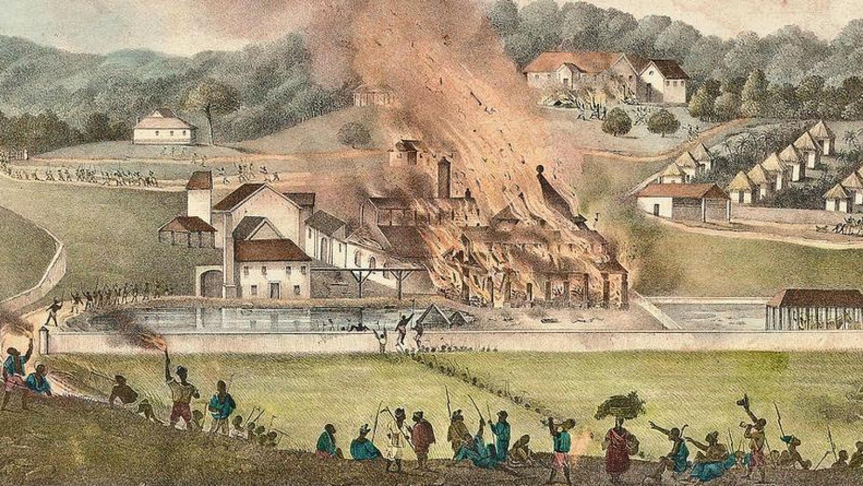 Quema de la plantación de Roehampton en la rebelión de Jamaica, enero de 1832, reproducido en el libro de Krznaric