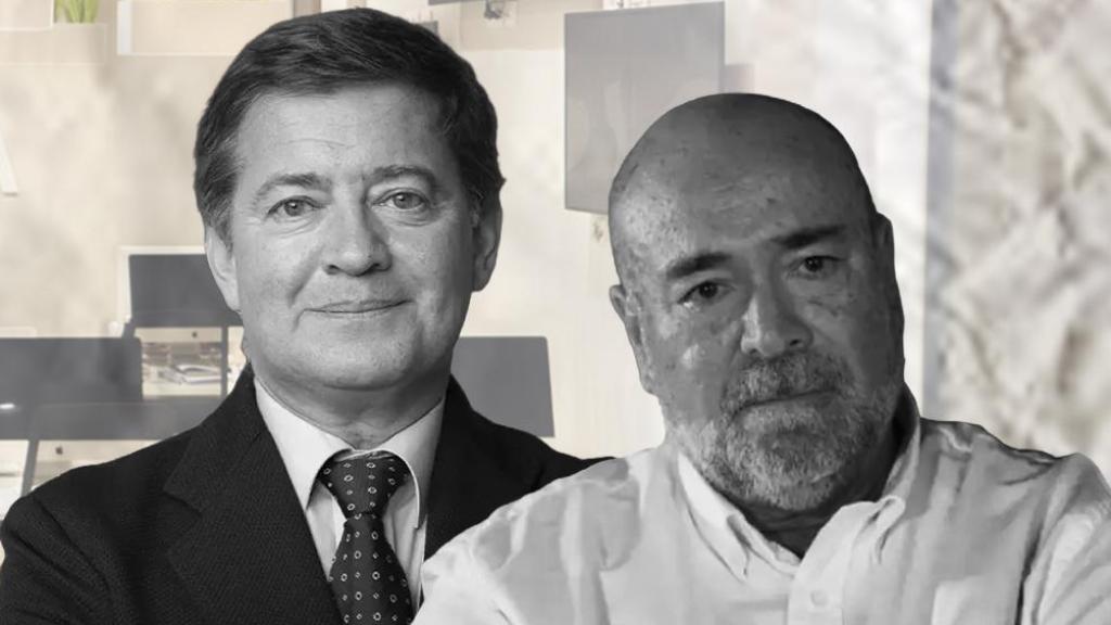 El consejero delegado de Crónica Global, Xavier Salvador (d), y el presidente del consejo, Gonzalo Baratech (i), en la redacción del medio