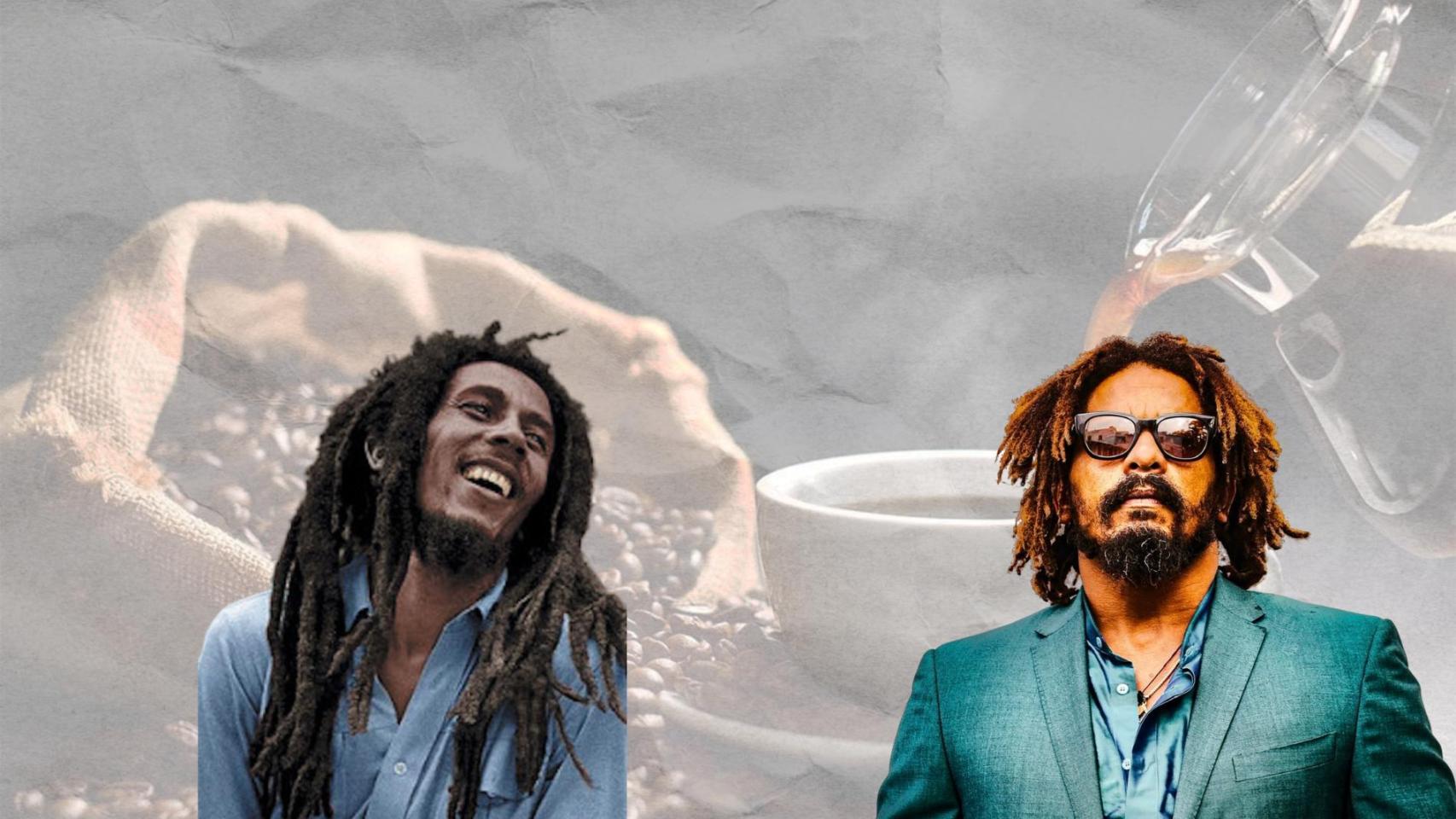Bob Marley y su hijo Rohan con granos y una taza de café de fondo