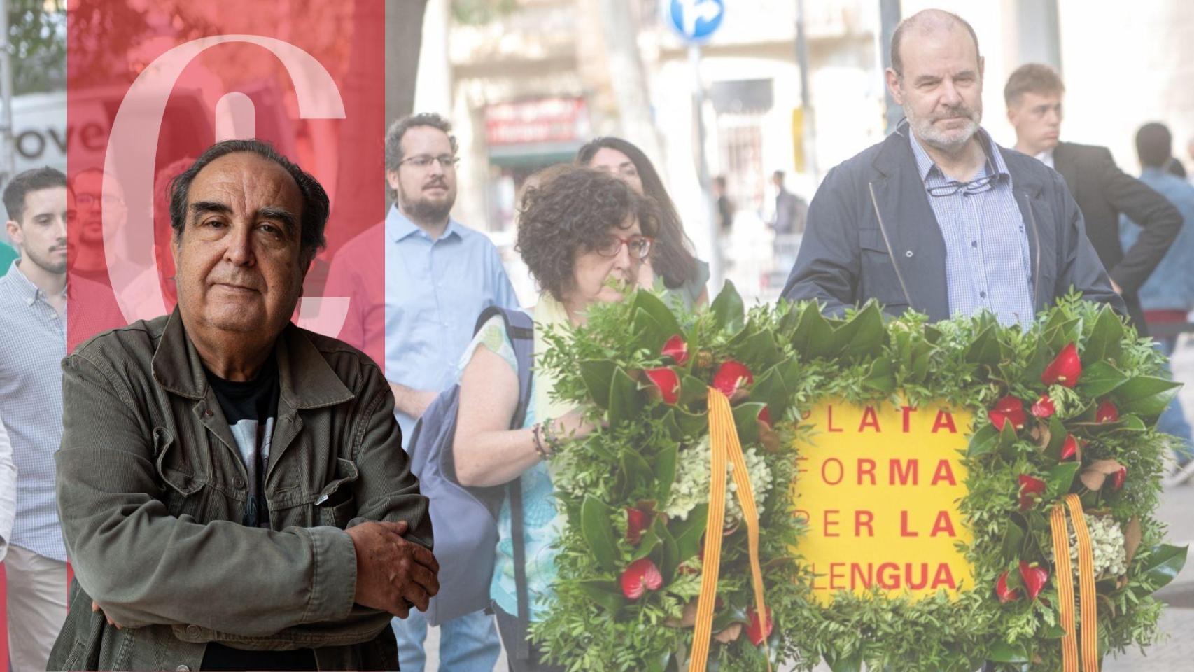 El presidente de la Plataforma Per la Llengua, Òscar Escuder, llega a la ofrenda floral al monumento de Rafael Casanova, con motivo de la Diada del 2025