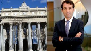 Fotomontaje con Ángel Escribano, presidente de Indra, y  el edificio de la Bolsa de Madrid
