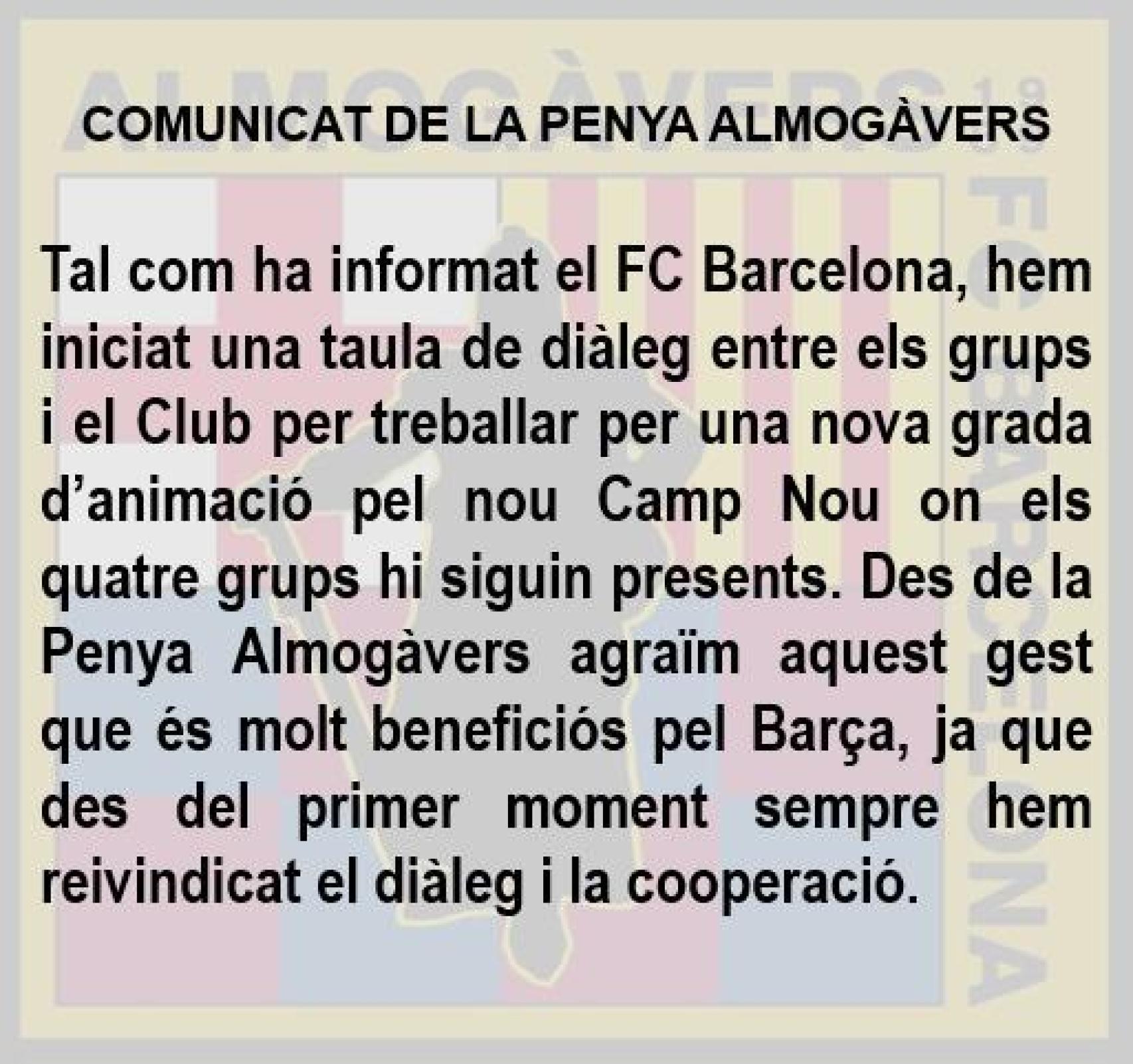 Comunicat d'Almogàvers sobre la taula de diàleg oberta amb el Barça