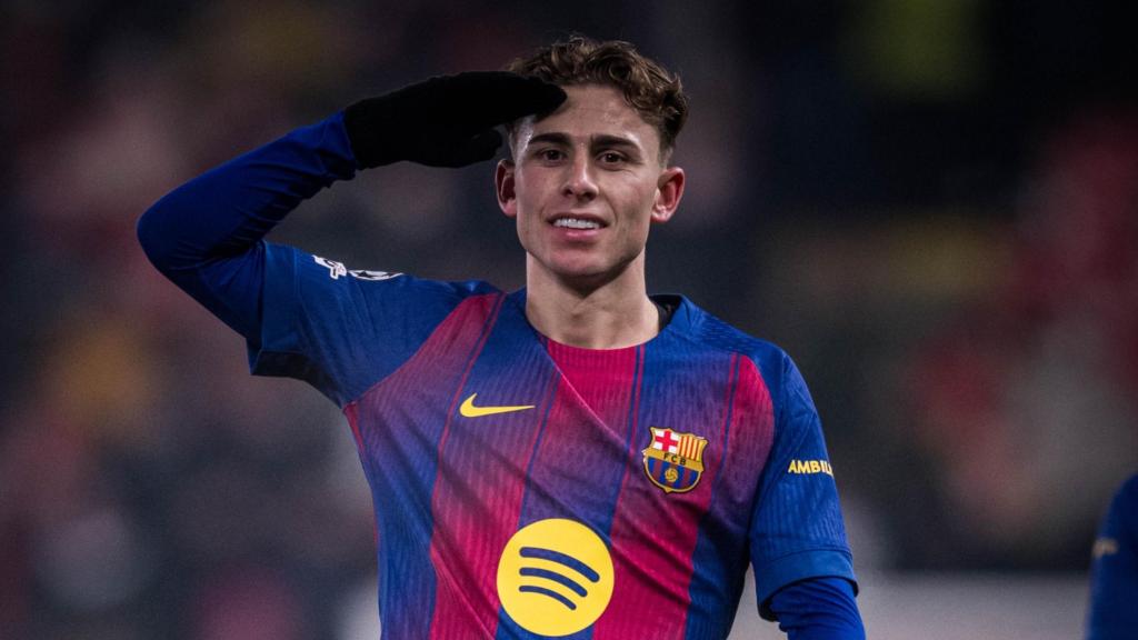 Fermín López celebra su segundo gol en el Slavia de Praga-Barça de la Champions League