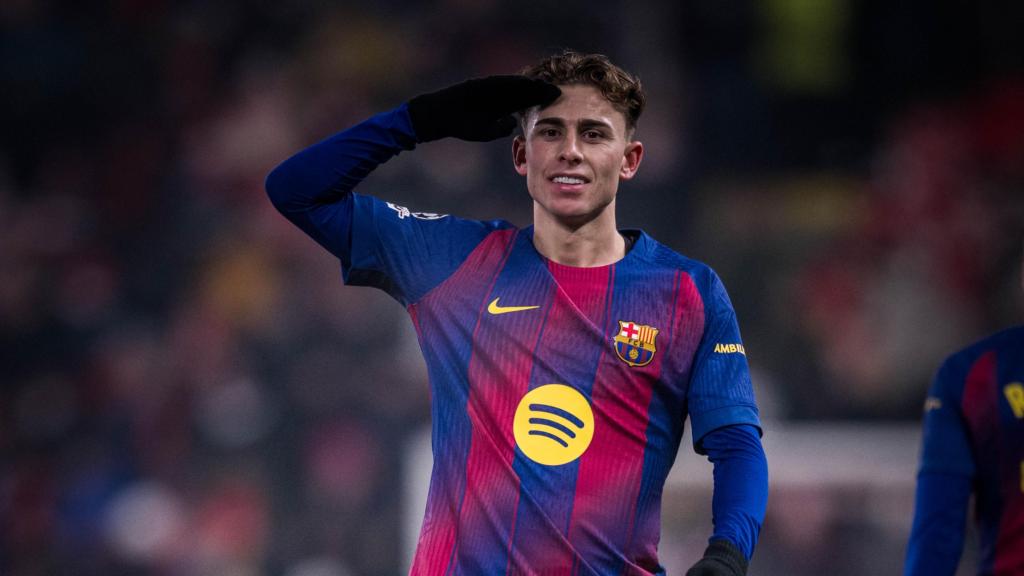 Fermín López celebra su segundo gol en el Slavia de Praga-Barça de la Champions League