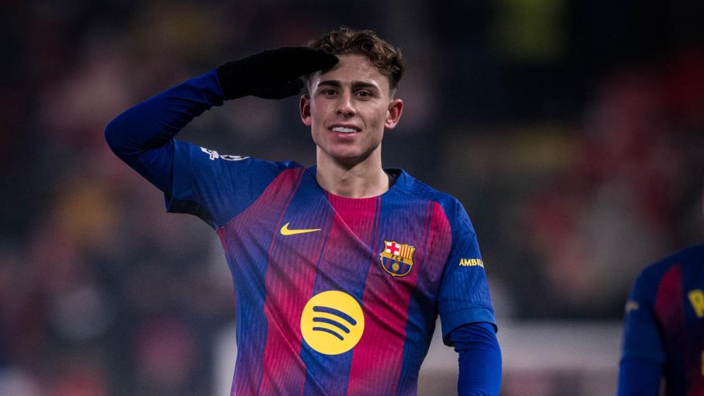 Fermín López celebra su segundo gol en el Slavia de Praga-Barça de la Champions League