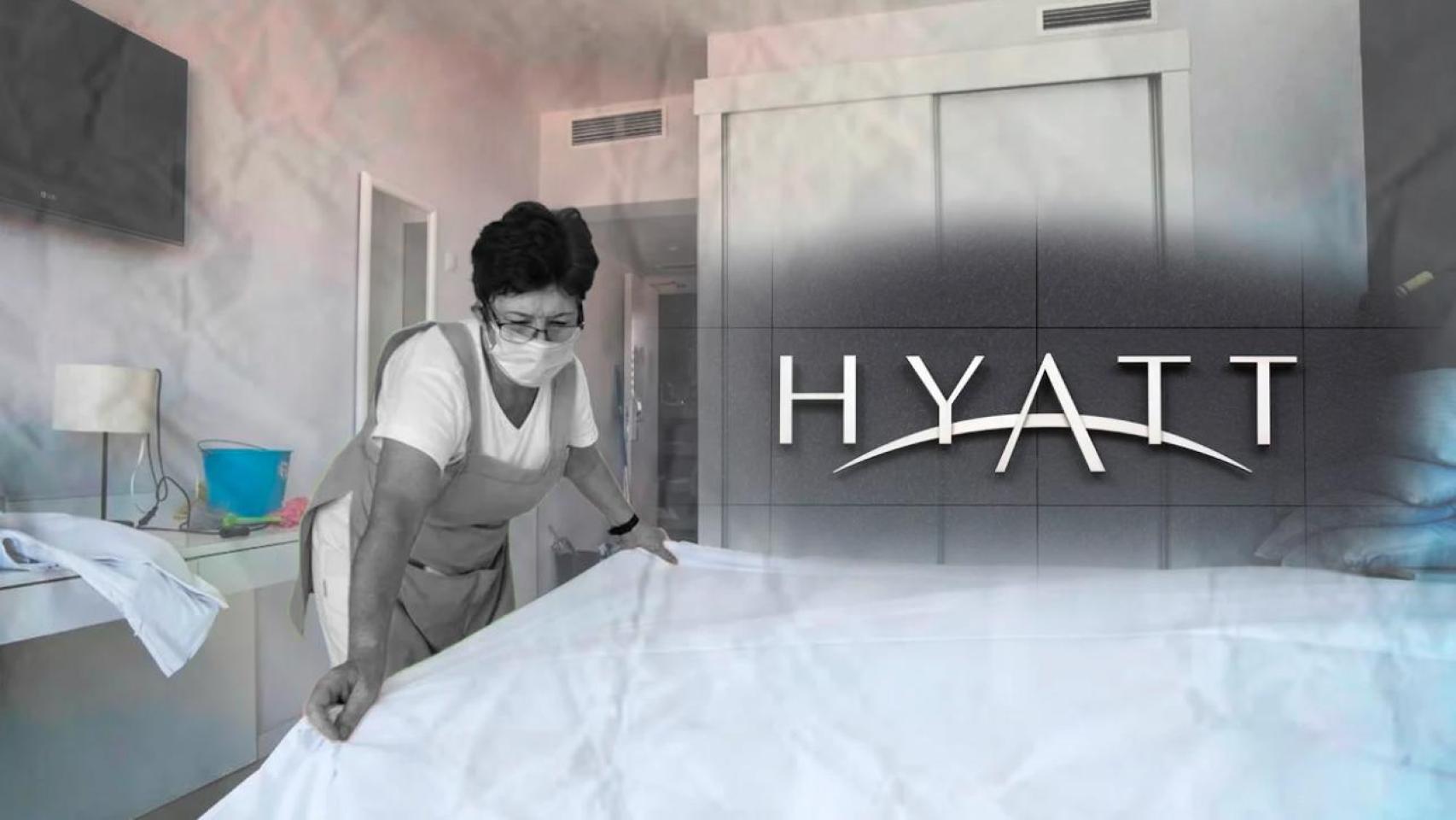 Fotomontaje con la imagen de una trabajadora y el logo del hotel Grand Hyatt