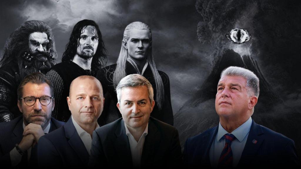 Marc Ciria, Xavi Vilajoana, Víctor Font y Joan Laporta en un montaje sobre la Montaña del Destino, del Señor de los Anillos