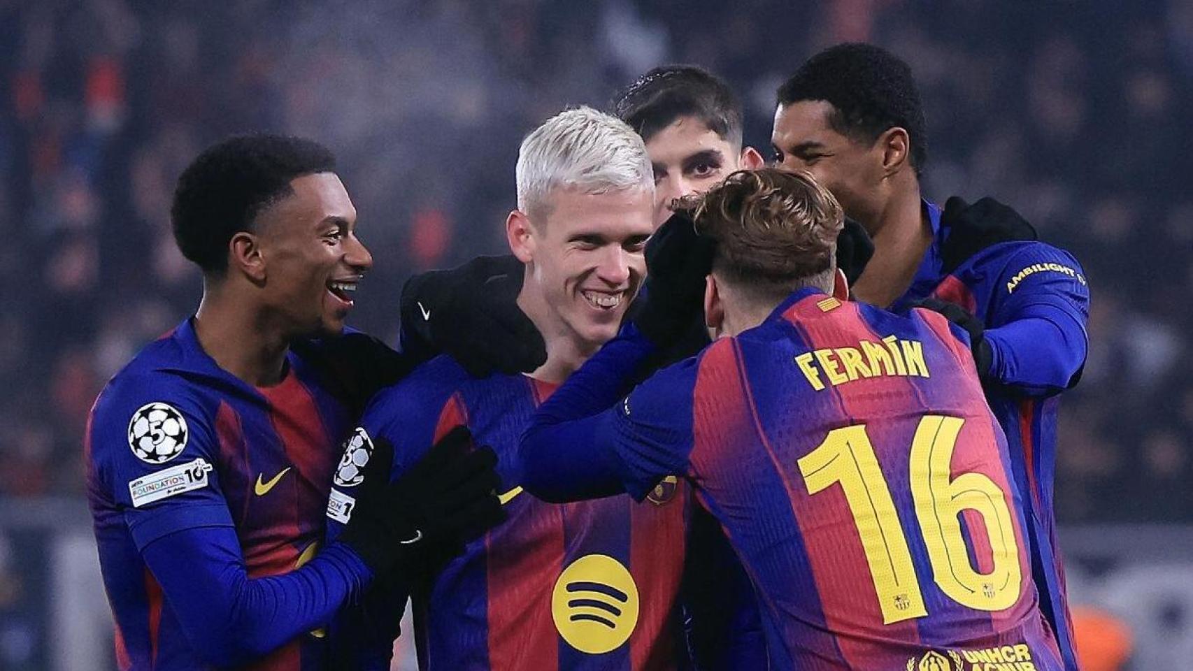 Fermín y los jugadores del Barça alucinan con el gol de Dani Olmo al Slavia