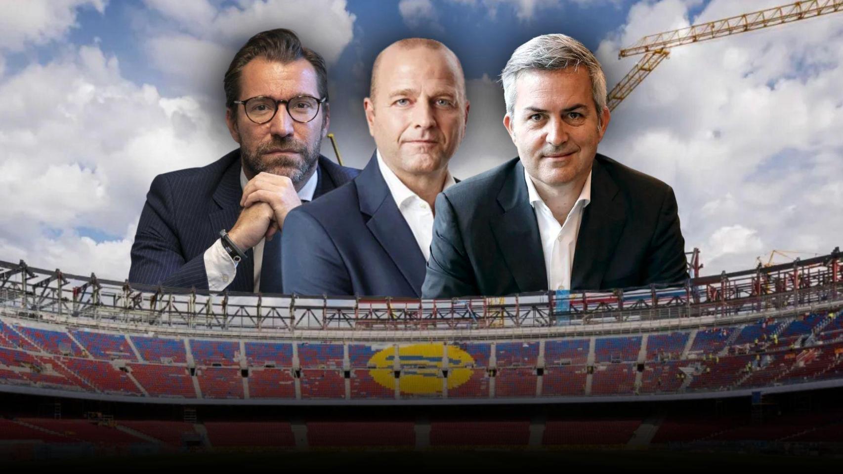 Marc Ciria, Xavi Vilajoana y Víctor Font en un montaje sobre el Camp Nou