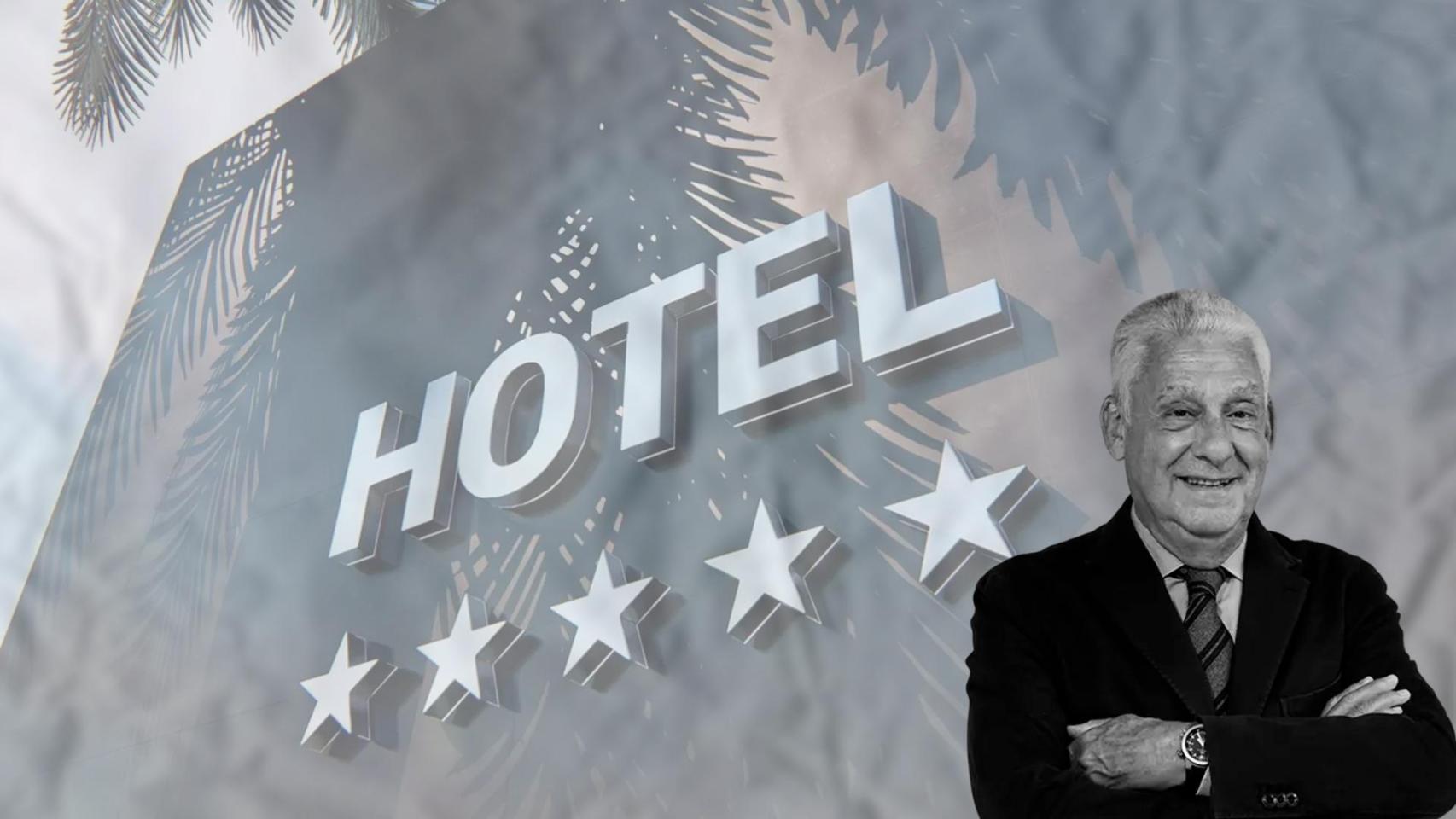 Montaje con una fotografía del letrero de un hotel y Jordi Clos Llombart, presidente del Gremi d'Hotels