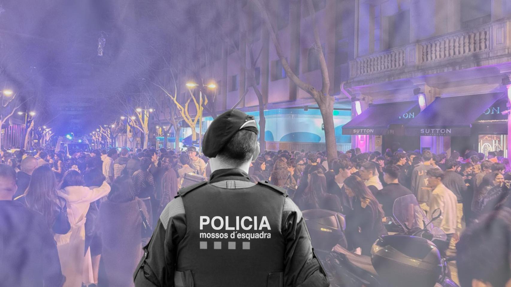 Montaje con una fotografía de los asistentes desalojados en Sutton y un agente de los Mossos d'Esquadra